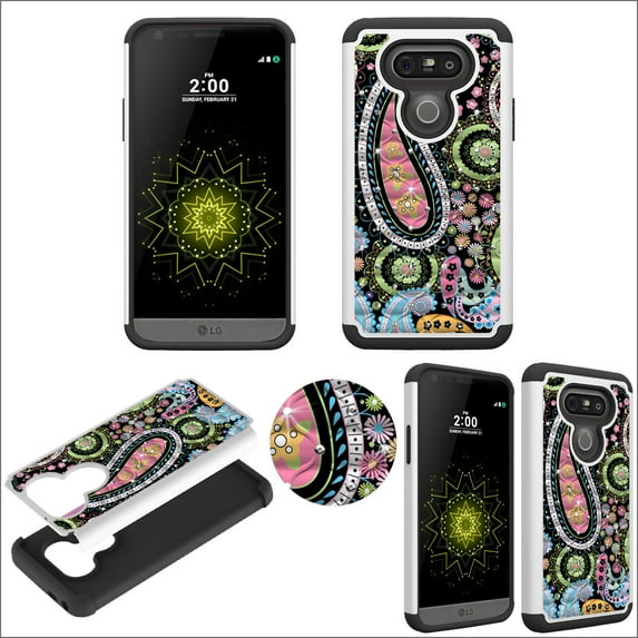 Hybrid White Paisley Crystal Diamond for LG G5 Ultra Shock Proof Lightweight Case Drop Protective TPU+PC Bling Case Shock Absorb Enhanced Bumper Dual Layer Designer Rhineston Shield