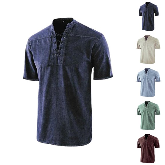 Henley Shirts for Men Summer Solid Retro Casual V Neck Short Sleeve Mens T-Shirts Renaissance Top