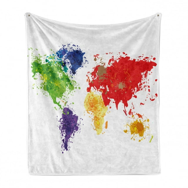 Map Soft Flannel Fleece Blanket, Abstract Colorful World Map Illustration on White Background Artwork Print, Cozy Plush for Indoor and Outdoor Use, 60" x 80", Red Purple and Yellow, by Ambesonne