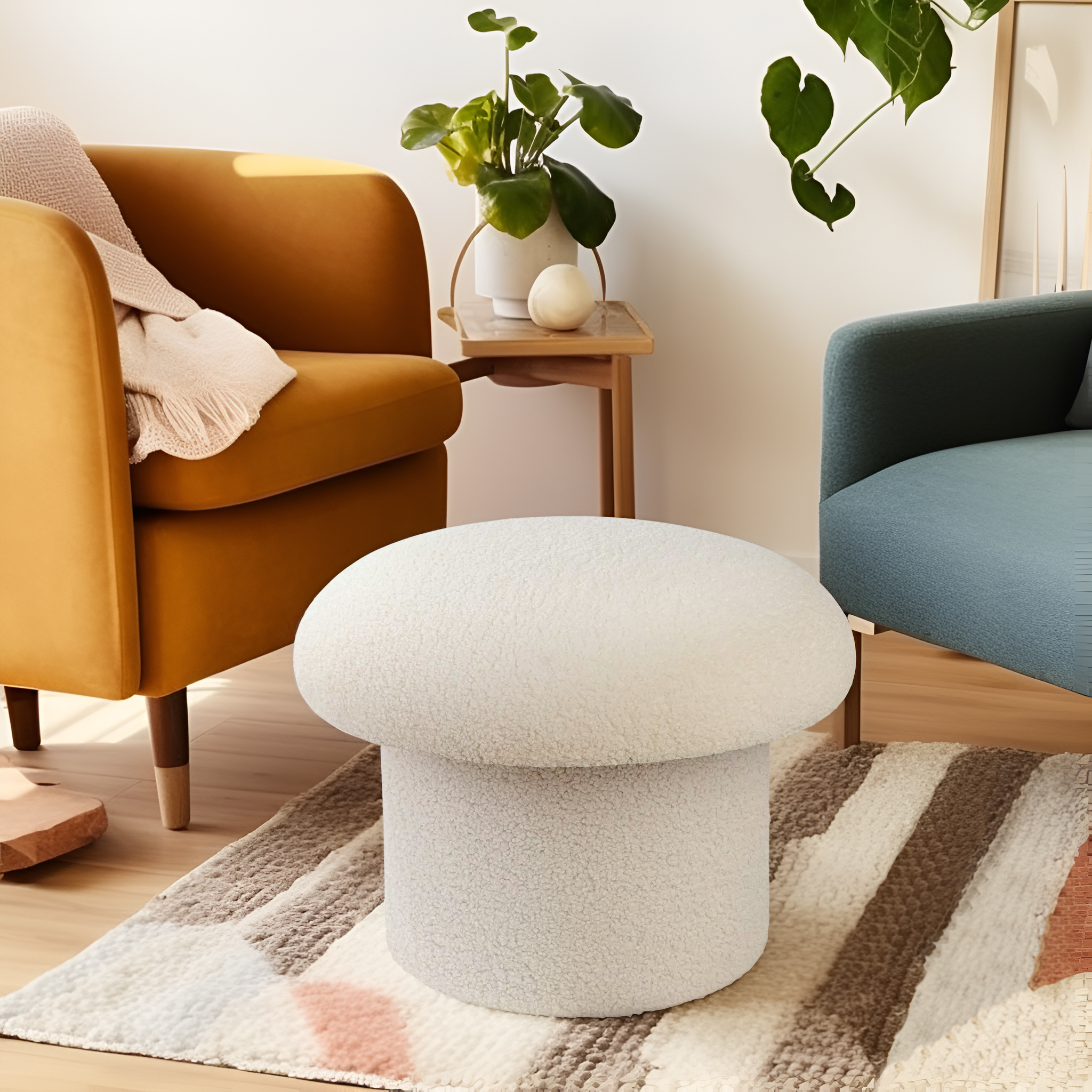 Mainstays Boucle Upholstered Mushroom Storage Ottoman, Cream photo 1
