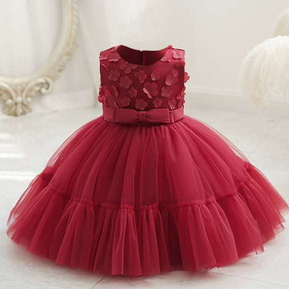 NAISIBABY Little Girls Princess Dress, Sleeveless Cute Floral Satin Mesh Splicing Birthday Wedding Pageant Floral Dress Red 4T