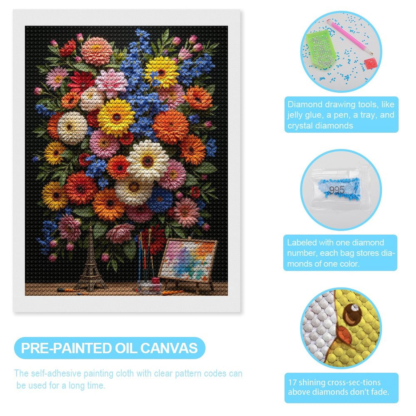 Diamond Art Kits for Adults, Colorful Floral Art Tools Canvas 5D Diamond Painting Kits for Adults Beginners, DIY Full Drill Diamond Painting, Gem Art and Crafts 12x16