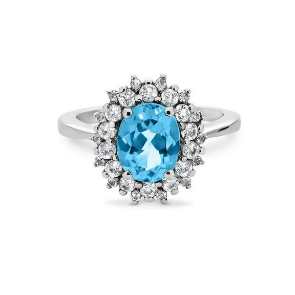 Sterling Silver Rhodium Plated Oval Blue Topaz And White Topaz Halo Ring