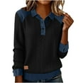 thumbnail image 2 of Womens Long Sleeve Solid Tunic - Lapel Denim Patchwork Stitching Buttoned Casual Soft Breathable Lightweight Relaxed Cozy Everyday Fashion Top Black M, 2 of 6