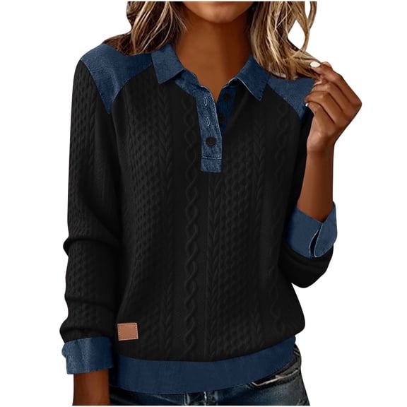 Womens Lapel Summer Tops, Long Sleeve Shirts for Women Spring Fashion Knitted Denim Patchwork Button Up T-Shirts
