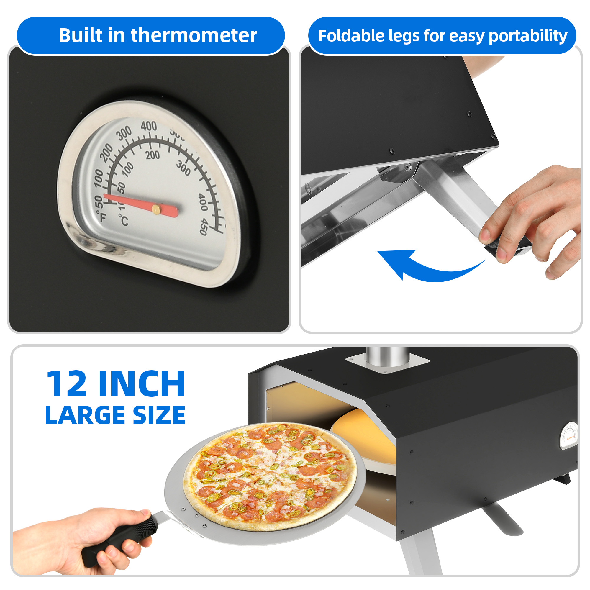 Uforic Pizza Oven Outdoor, 12" Wood Fired Pizza Ovens Pellet Pizza Stove for outside, Portable Stainless Steel Pizza Oven for Backyard or Camping(Black)