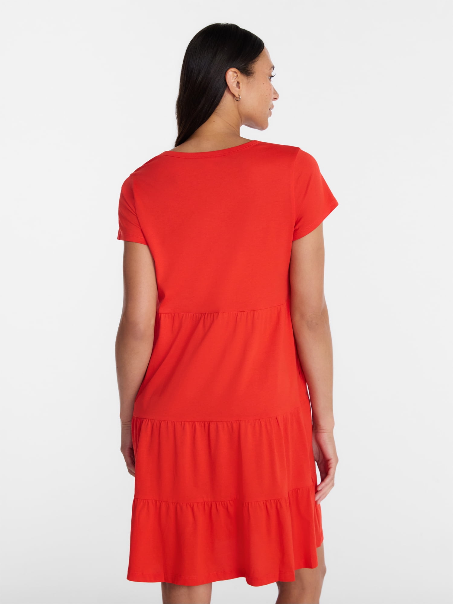 Time and Tru Women's Tiered Cotton Mini Dress with Short Sleeves, Sizes XS-XXXL
