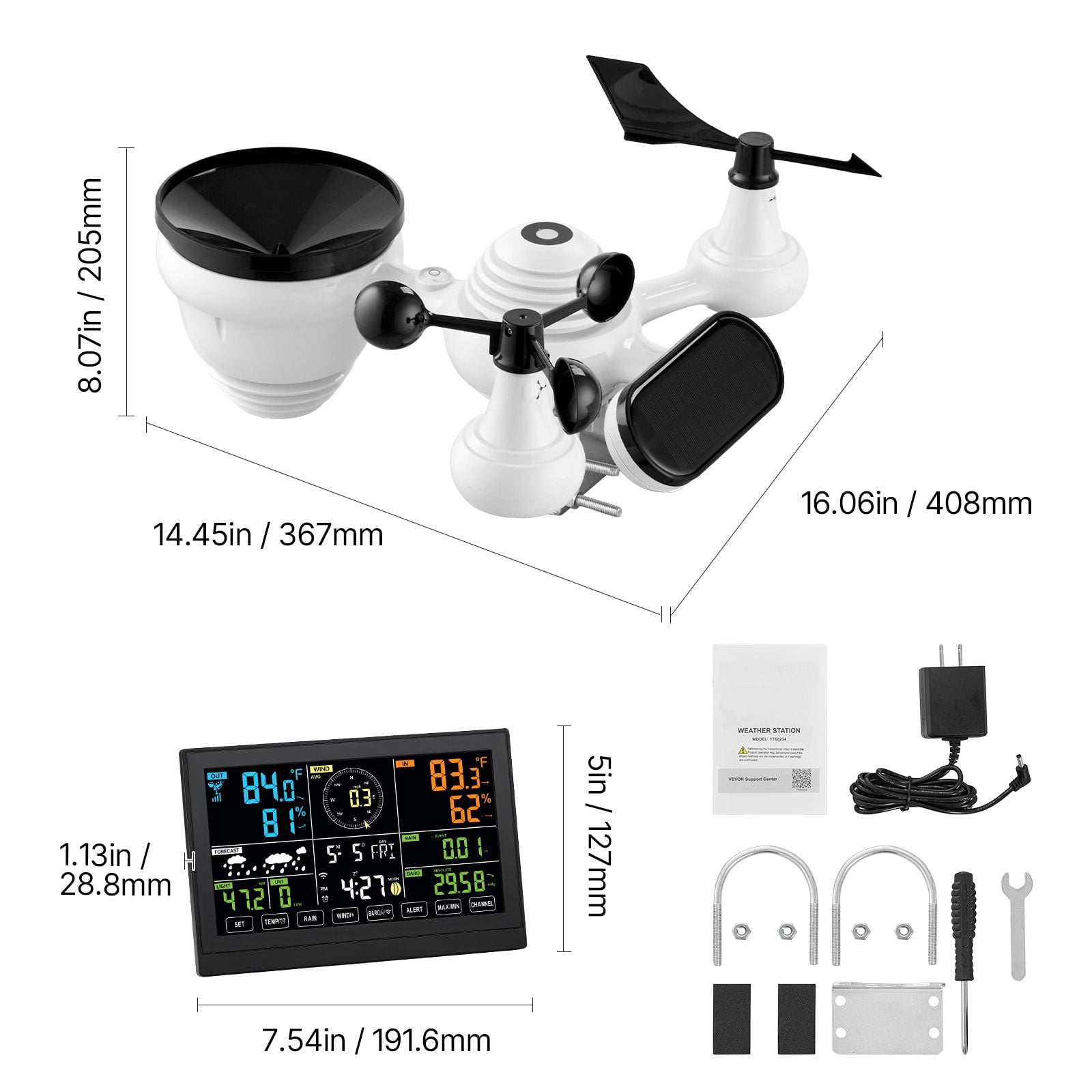 WiFi Weather Station 7-in-1 7.5 Inch Display Solar Powered Outdoor Sensor for Home Garden Farm