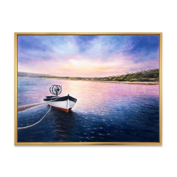 Designart 'VIbrant Sunset Over Fishing Boat By The Shore' Lake House Framed Canvas Wall Art Print
