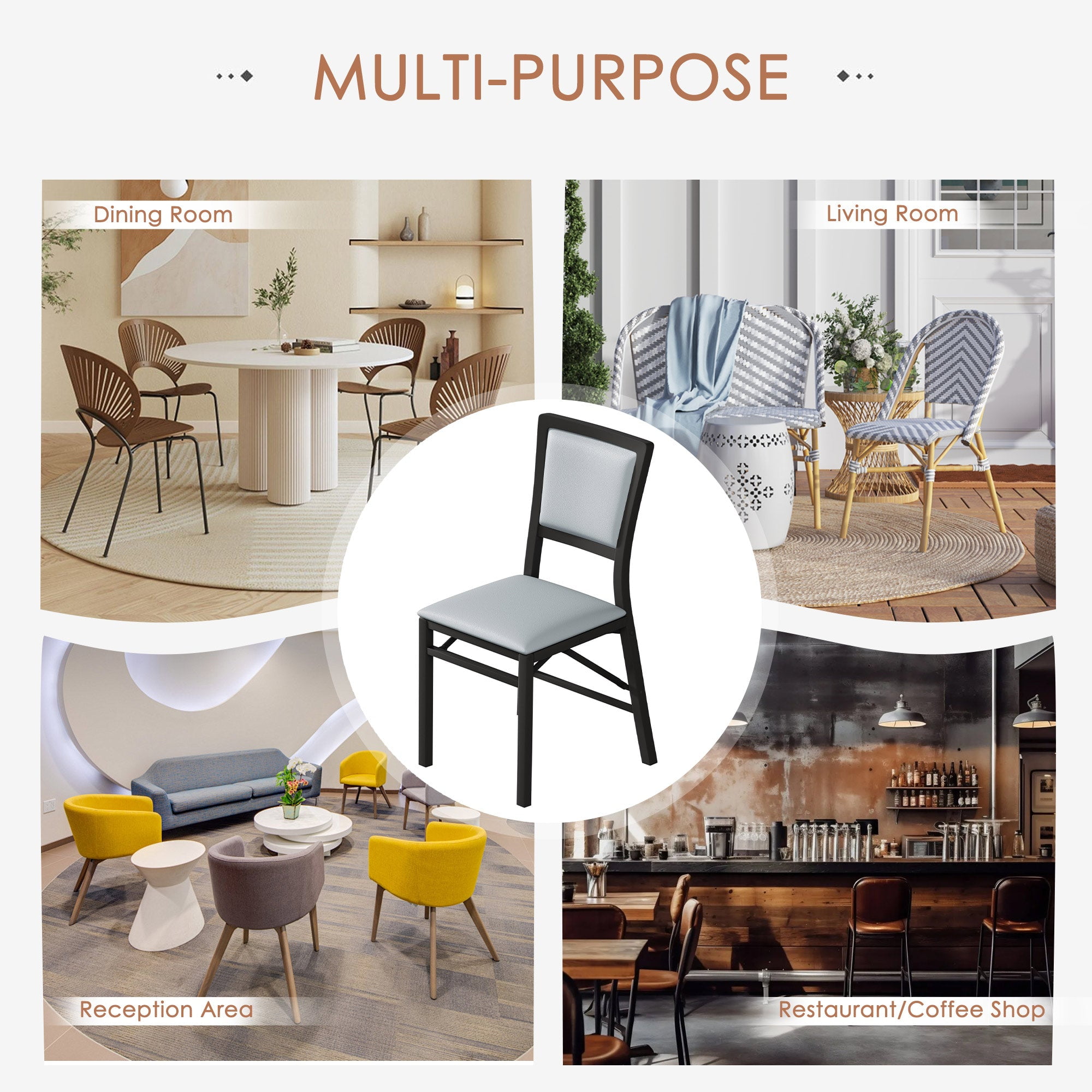 VECELO Dining Chairs Set of 2, Space-Saving and No Assembly, High Back PU Upholstered Folding Chairs with Metal Frame for Kitchen and Living Room, Grey