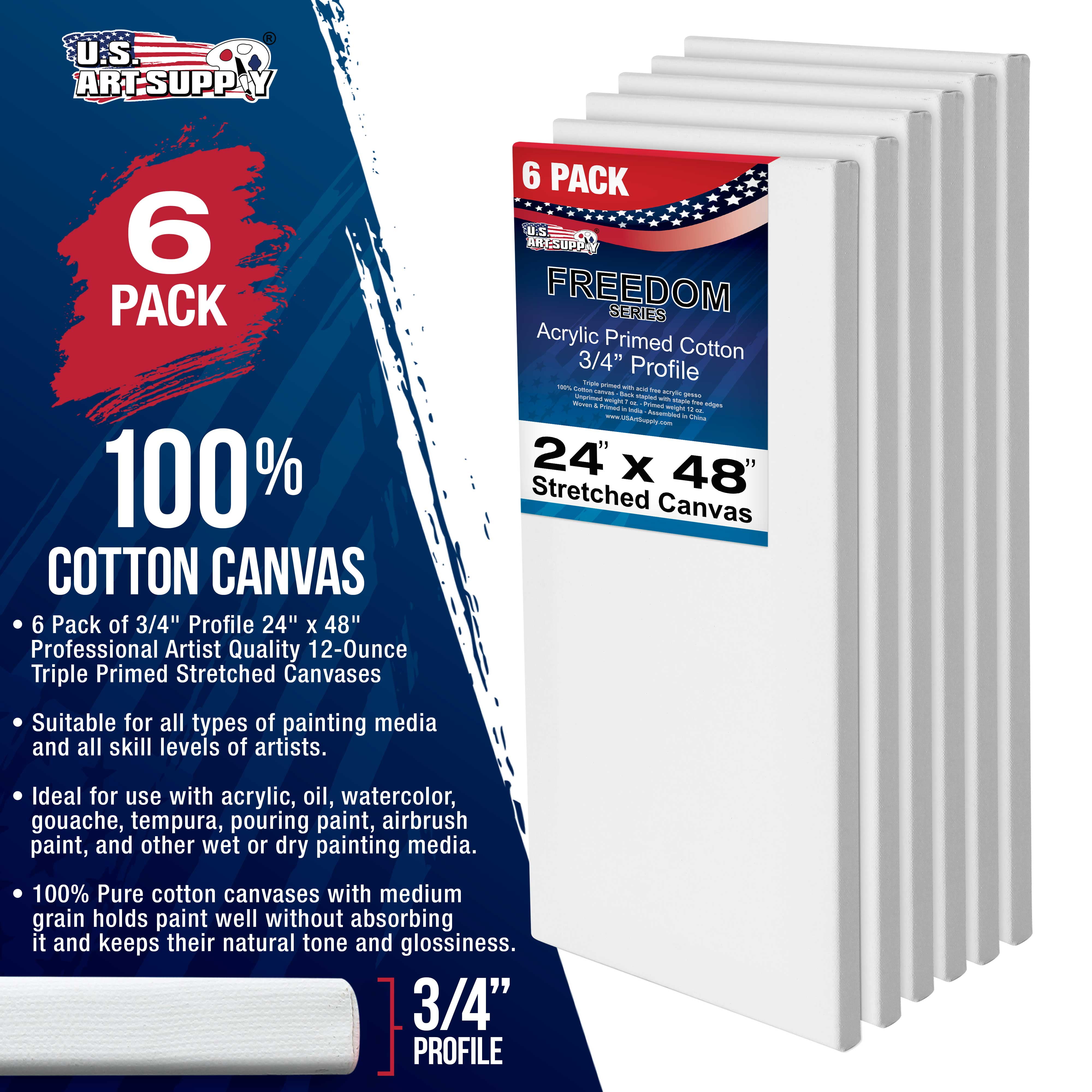 U.S. Art Supply 24 x 48 inch Stretched Canvas 12-Ounce Triple Primed, 6-Pack - Professional Artist Quality White Blank 3/4" Profile, 100% Cotton, Heavy-Weight Gesso - Acrylic Pouring, Oil Painting