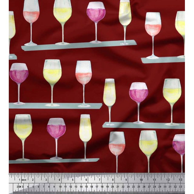 Soimoi polyester Crepe Fabric Wine Glass Bar Printed Craft Fabric by the Yard 42 Inch Wide