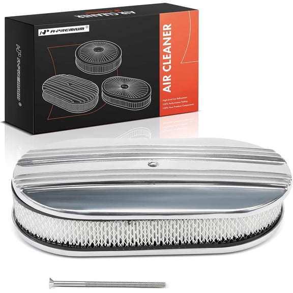 A-Premium Universal Air Cleaner Filter Assembly - Compatible with 15" x 2", Oval Chrome Polished Half Finned Air Cleaner
