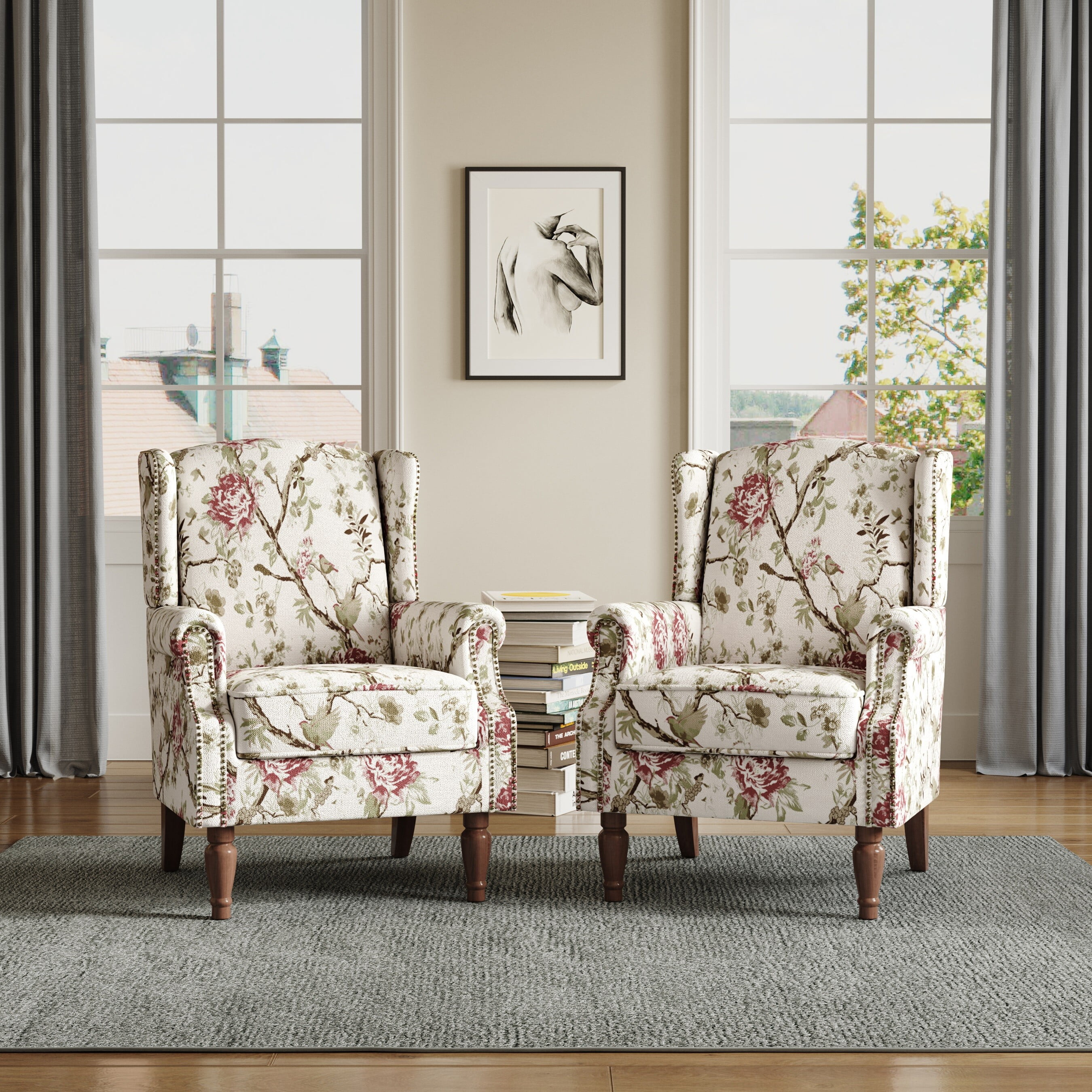 DREAMSIDEA Wingback Accent Chair Sets of 2 for Living Room,Traditional Floral Pattern Armchair with Comfy Upholstered Set-Beige