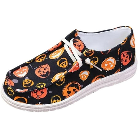 Women s Fashion Halloween Pumpkin Print Canvas Low Top Sneakers Halloween Decorations Platform Slip on Flats Loafers Shoes for Women Casual Breathable Comfortable Walking Canvas Sneakers Shoes