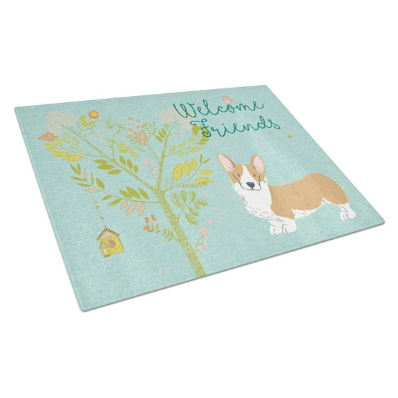 Carolines Treasures Welcome Friends Pembroke Welsh Corgi Red Glass Cutting Board Large 12H x 16W multicolor
