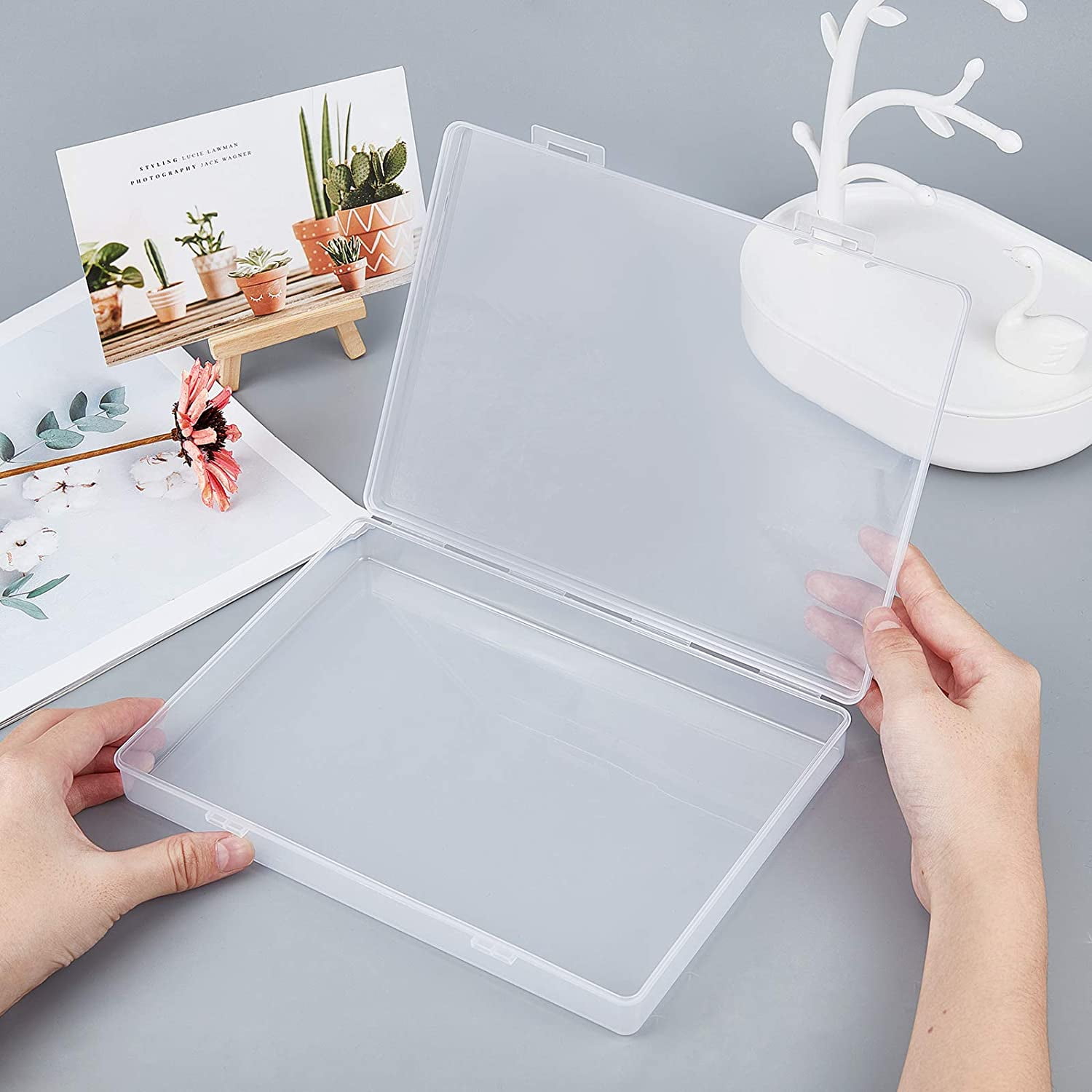 4 Pack 8.8x6.5x1.2 Large Rectangle Clear Plastic Storage Containers Large Box Case with Double Buckles for Cards Pens Beads and Jewelry Findings DIY
