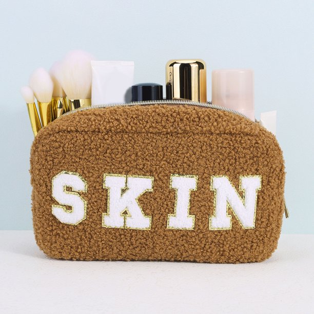 Bolso de maquillaje difuso con letras de chenilla y parches de letras de chenilla felpa para mujer