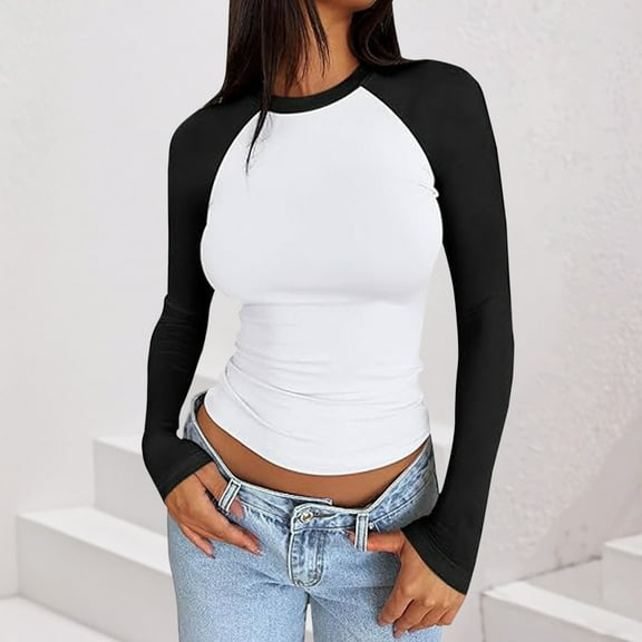Uootdi Womens Long Sleeve Shirts Tops Crew Neck Slim fit Stretchy Slightly Cropped Blouses Fall Fashion Colorblock Gift Outfits Y2k Basic