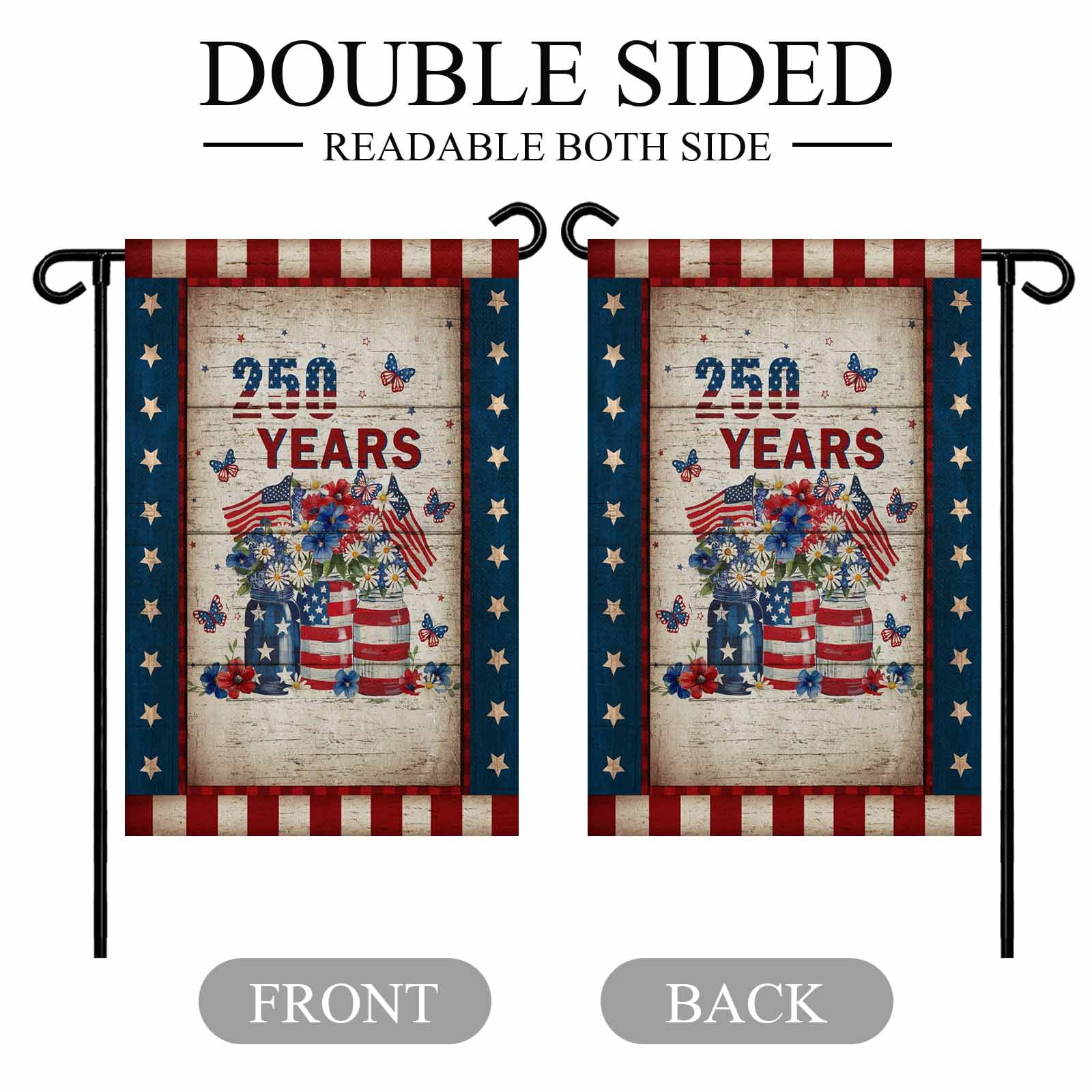 Patriotic 4th of July Garden Flag 28x40 Inch 250 Years Stars Stripe Flag Floral Wooden Double Sided Small Decorative Garden Flags for Outside, Outdoor Yard Porch Lawn Decoration