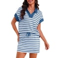 thumbnail image 3 of Women'S Striped 2 Piece Outfits Skirt Set Short Sleeve Skort Workout Set Matching Lounge Sets Blue M, 3 of 9