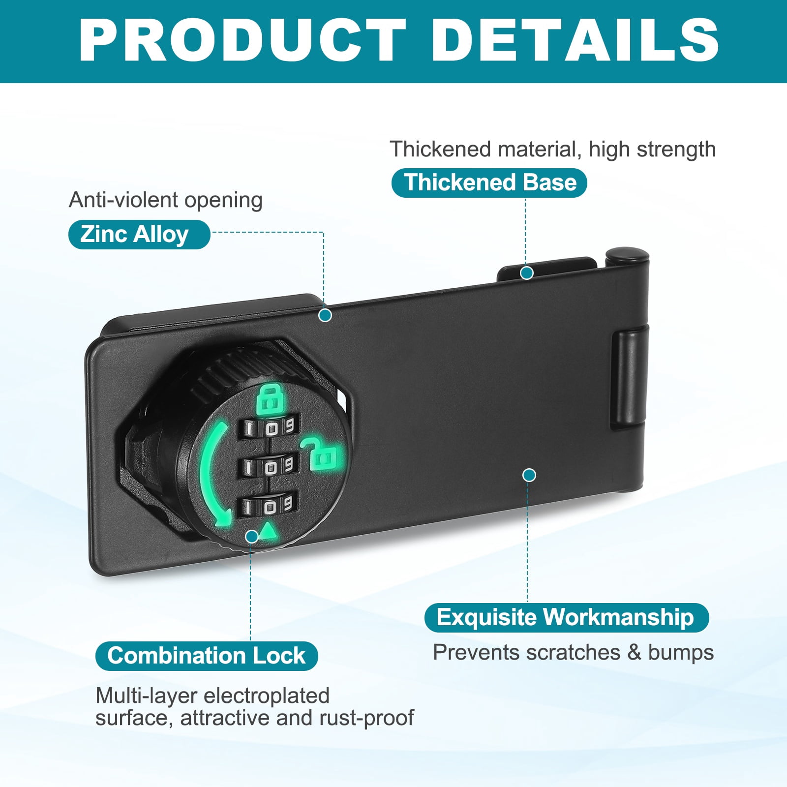Uxcell Password Rotary Hasp Lock (5", Glow Black) (2 Pcs), Keyless 3-Digit Cabinet Locks with Combination Security Slide Latch, Suit For- Door/Closet/Barn/Bathroom/Outdoor/Garden