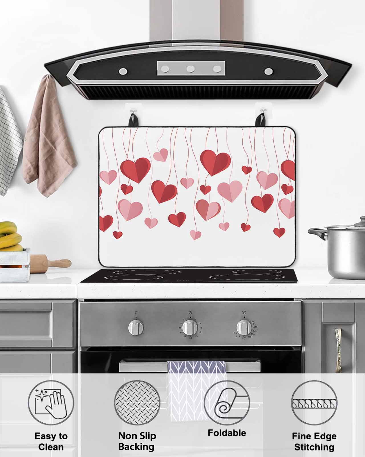 Large Induction Cooktop Protector Mat Valentine's Day Stove Top Covers for Electric Stove, Pink Red Love Sweet Falling Heart Romantic Decorative Stove Burner Cover Mats, Glass Top Stove Cover