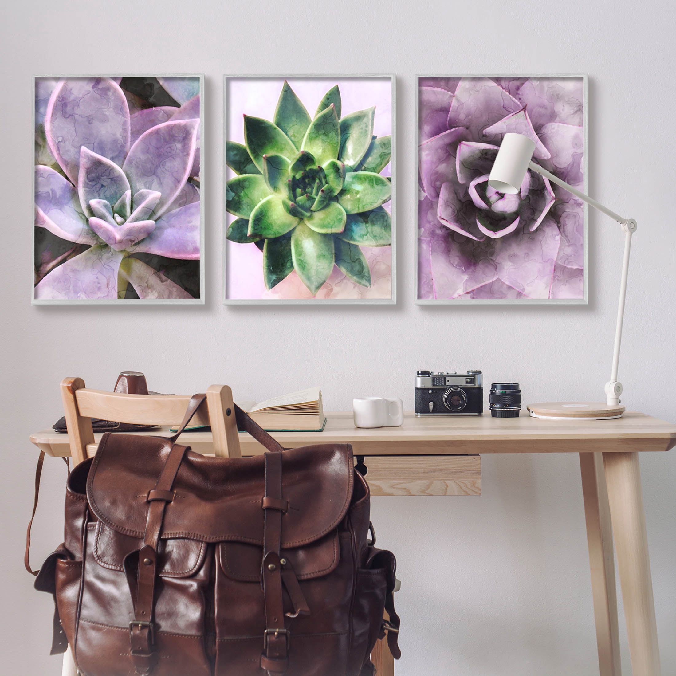 Purple Sprouting Succulents Close Up Botanical & Floral Graphic Art Gray Framed Art Print Wall Art, Set of 3