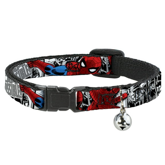 Marvel Comics Breakaway Cat Collar With Bell, Plastic Clip, Easy Adjustable, Spider Man Action Escape Impossible Gray, 8.5 to 12 Inches 0.5 Inch Wide