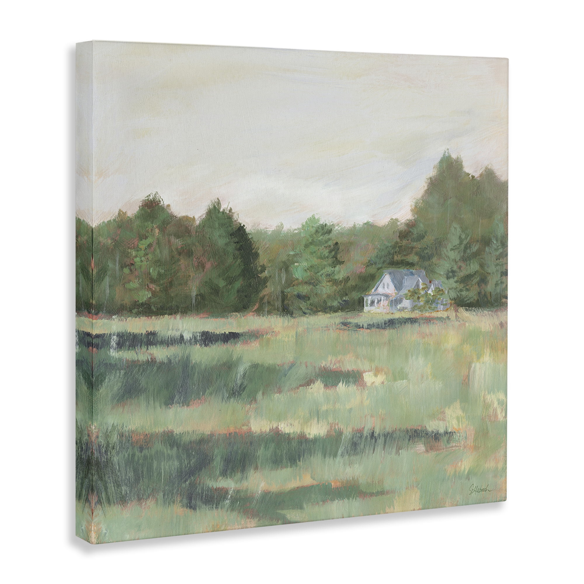 Stupell Industries Farmhouse Across Meadow Landscape Painting Gallery Wrapped Canvas Art Print Wall Art, 36 x 36