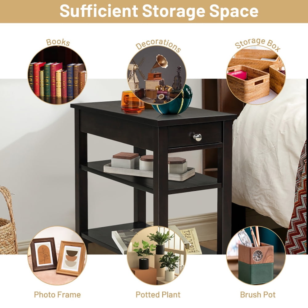 Finihen End Side Table, Sofa Side Table, Bed Side Table, Side End Table with Drawer and 2-Tier Open Storage Shelves for Space Saving, for Living Room, Bedroom, Brown