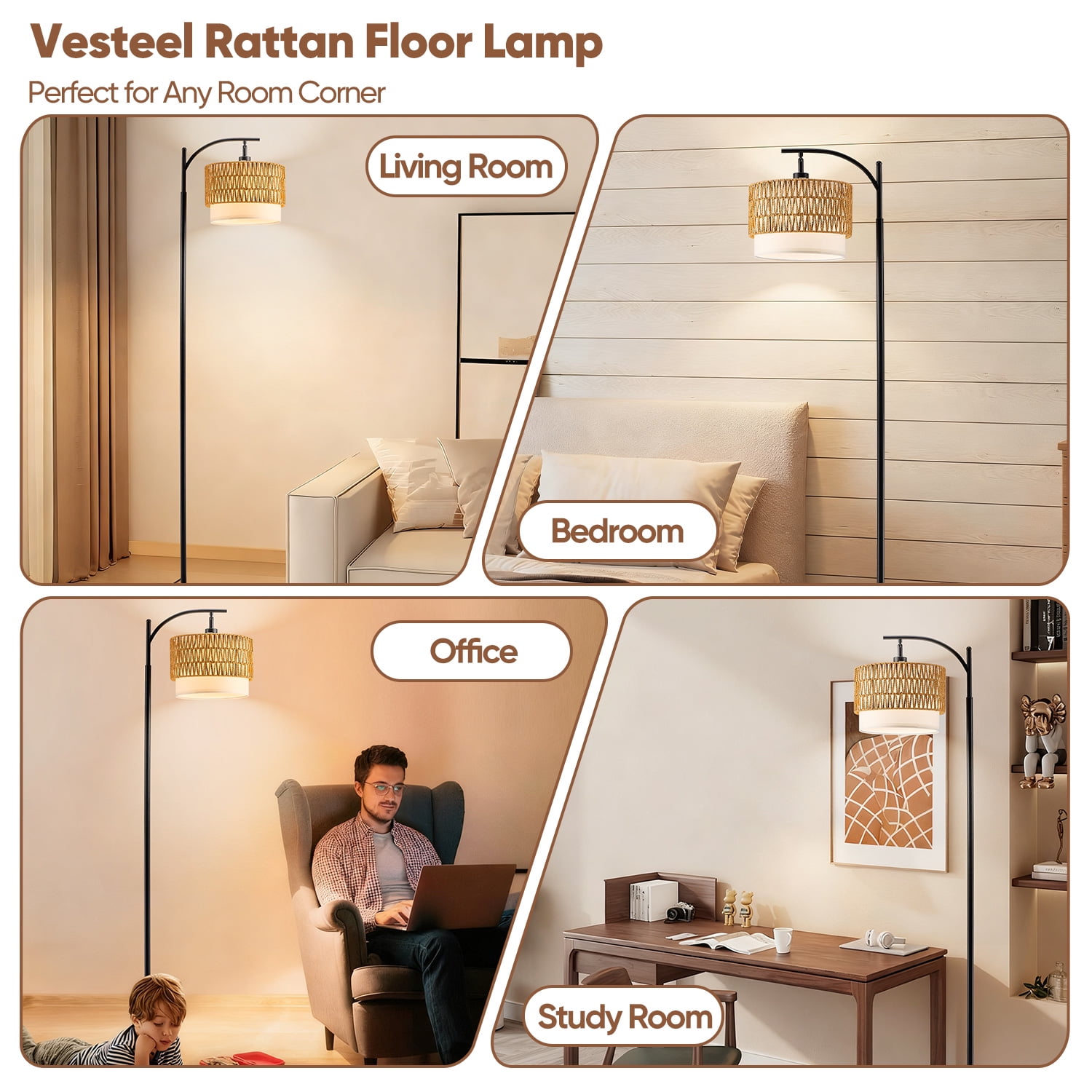 Vesteel Floor Lamp for Living Room, Rattan Standing Lamp with Adjustable Rattan & Fabric Shades, 3 Color Temperatures Boho Farmhouse Floor Lamp for Bedroom