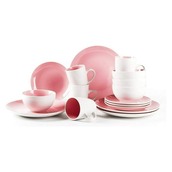 Stoneware Dinnerware Set 16pc, Coupe Shape Pink & White - Service for 4, Plates, Bowls & Mugs - Microwave & Dishwasher Safe