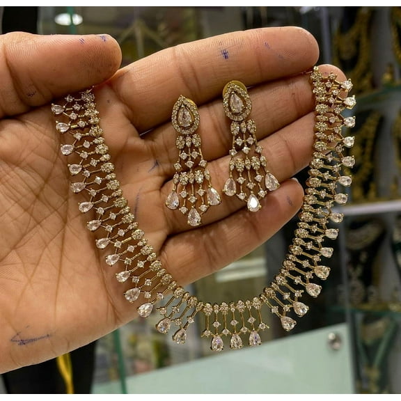 Diamond Gold Necklace - Indian Designer CZ Jewelry, AD Gold Plated Necklace, South Indian Temple Bridal Wedding Jewelry Set for Women