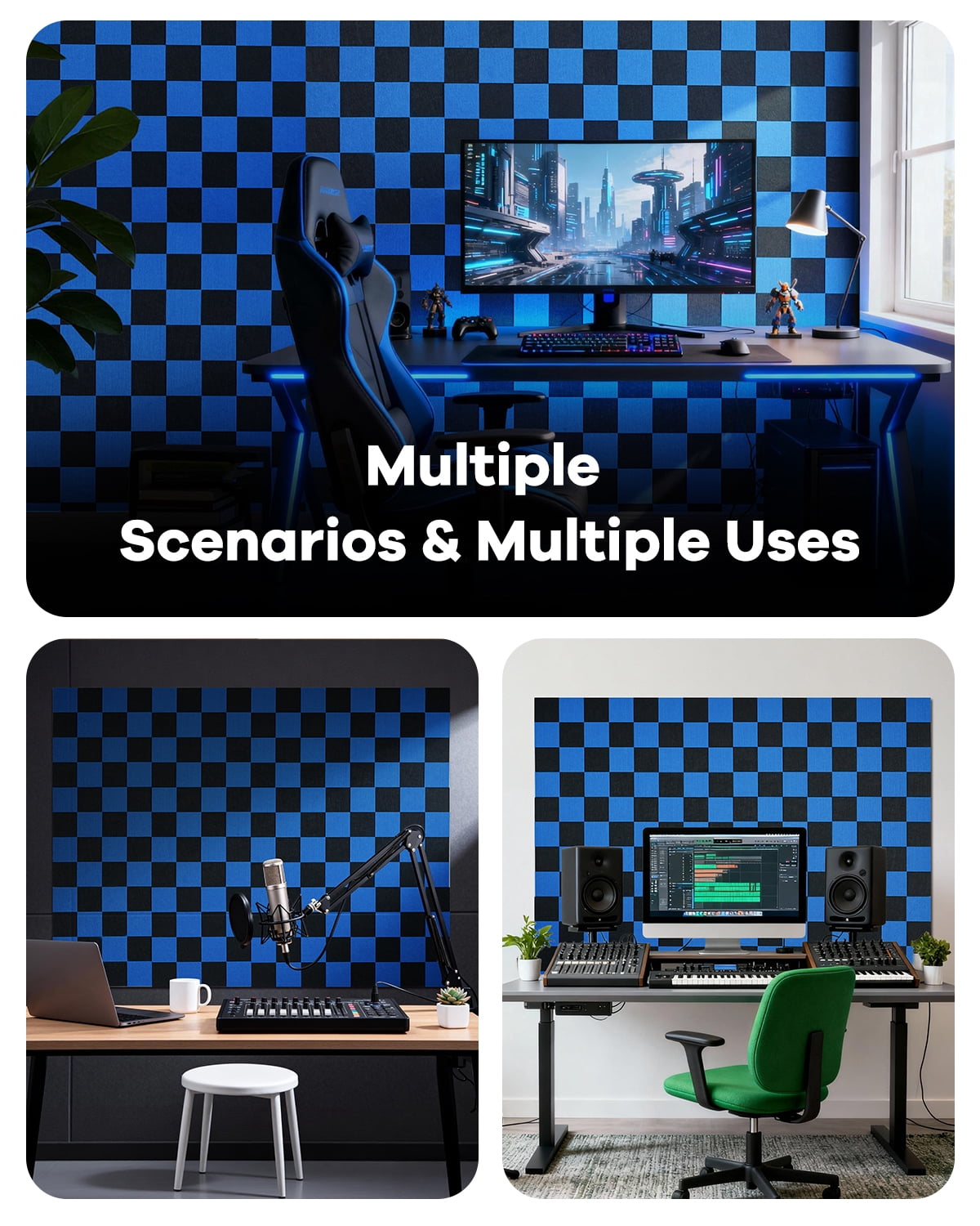 Soundsbay Soundproof Wall Panels, 12 Pack Sound Proof Foam Fanels for Walls Self-Adhesive, 12"×12"×0.4" Checker Board Blue+Black Decorative Acoustic Panels for Door, Ceiling, Home Office
