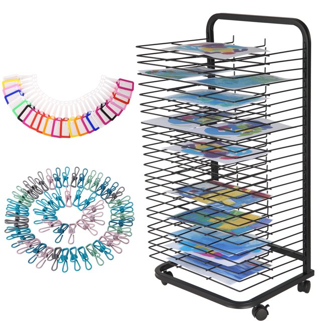 16/25 Shelfs Mobile Art Drying Rack for Classrooms & Art Studios, Canvas/ Paint Drying Rack, Wall Mountable Art Storage Rack with Wheels, Black/Blue