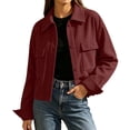 thumbnail image 2 of Bazzctt Womens Corduroy Bomber Jacket- Lightweight Turndown Collar Button Up Casual Shacket Fashion Jacket Outwear Wine Size S, 2 of 8
