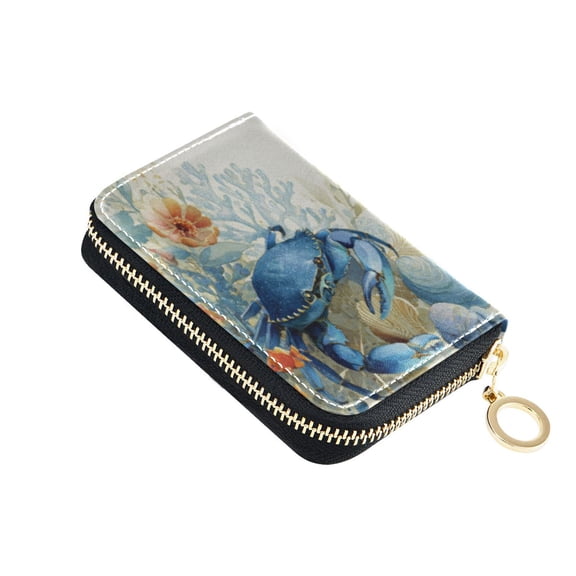 PU Leather Zipper Card Case Credit Card Holder Small Wallets Blue Crab and Shells