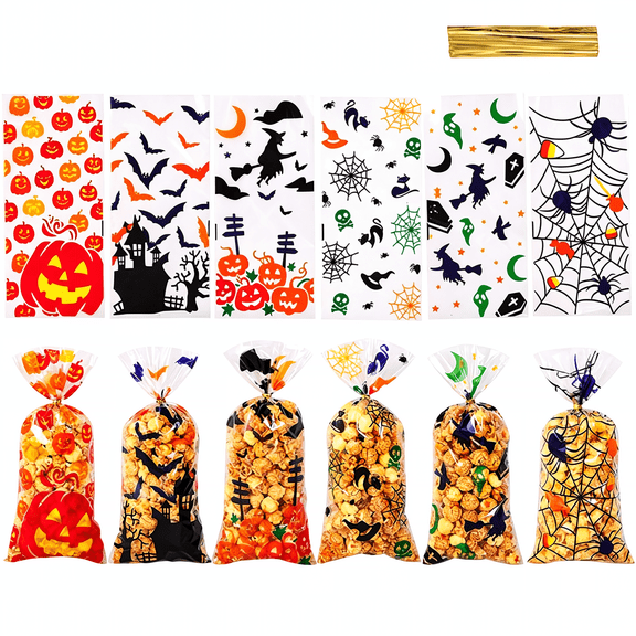 SINKOO Halloween Cellophane Treat Bags, 6 Designs 150pcs Trick or Treat Goody Bags with Twists for Snacks Cookies Packing, Halloween Party Supplies