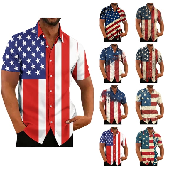 WAENQINLA Hawaiian Shirt for Men Big and Tall American Flag Button down Shirts Summer Crewneck Short Sleeve Patriotic Tshirt