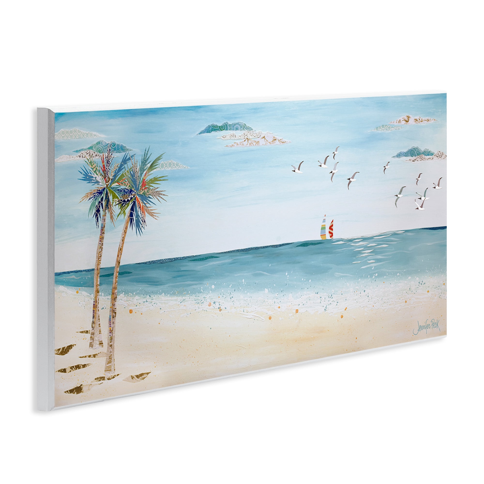 Stupell Industries Seagulls & Palm Beach Landscape Painting Unframed Art Print Wall Art, 17 x 7