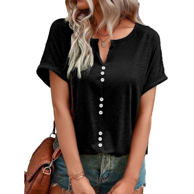 Camisa de verano negra con botón delantero y comodidad transpirable, talla XL, camiseta de manga corta con cuello en V