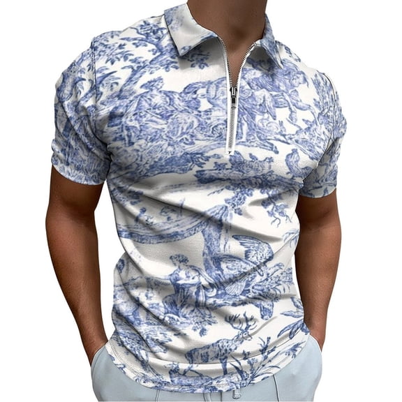 Blue Toile De Jouy Men Zipper T-shirt Summer Casual Short Sleeve T-shirt Top