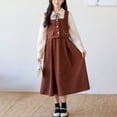 thumbnail image 1 of LIJCC Robe Salopette en Velours Côtelé d'Automne Tendance Décontractée Mignonne à Volants Col Peter Pan Manches Longues Robes Smockées Bretelles Réglables Ligne A Évasée Robe Midi Jumper, 1 of 8