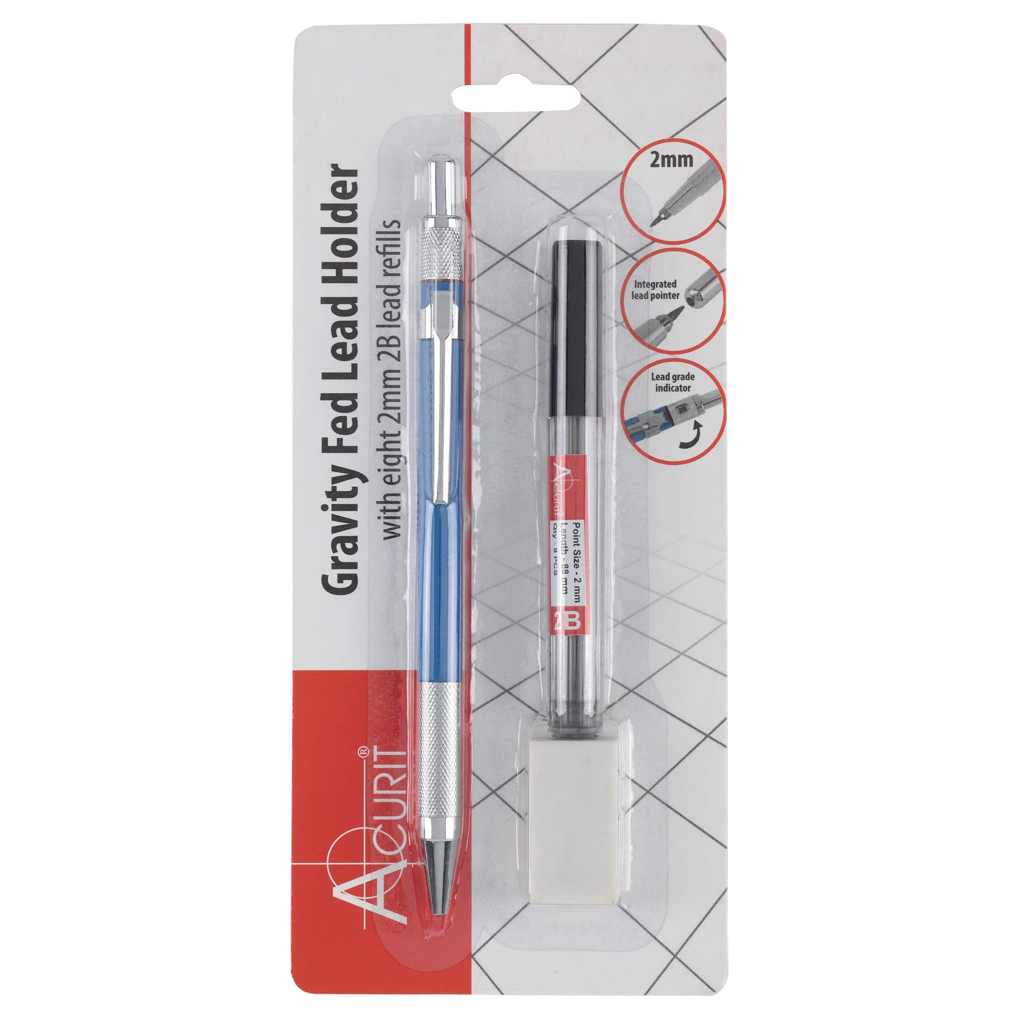 Acurit 2.0 mm Drafting Pencil with Pack of 2B Refill Leads - Value Pack of 10 - Drawing Mechanical Pencils for Artists, Drafters, and Engineers - Metal Threaded Anti-Skid Grip, Lead Grade Indicator