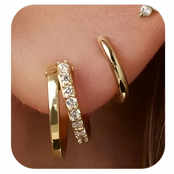 DESIGNICE 3 Pairs 14K Gold Plated Stud Earrings Set for Multiple Piercing Stackable Dainty Small Huggie Hoop Earrings for Women Non Tarnish Triple Earring Piercing Hypoallergenic Earrings Stacks