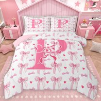 Homewish Letter P Monogrammed Queen Comforter Set,Cute Bow Tie Bedding Sets,Pink Loves Pattern Bedding Comforter Set For Girls,Microfiber Room Decorative Reversible,3 Pieces