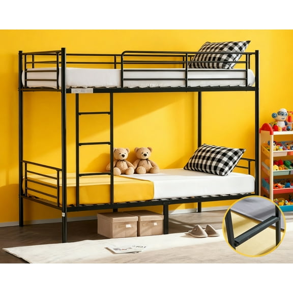 Zimtown Upgrated Twin over Twin Bunk Bed, Metal Bed Frame with Flat Step Ladder, Black