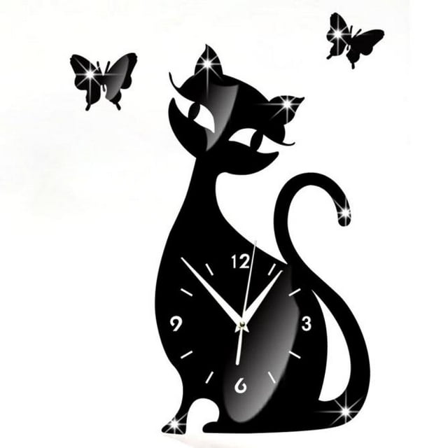 RYRDWP Horloge Murale Chat Mignon Miroir Noir Design Moderne Déco Maison Montre