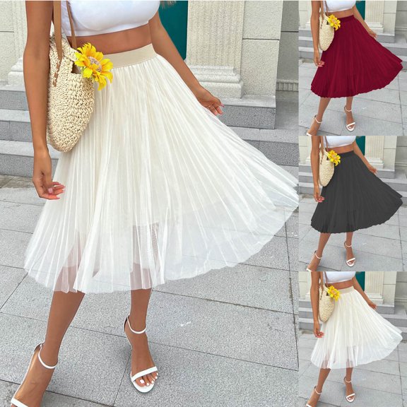 Womens Plus Skirts Knee Length Long Pleated A Line Layered Midi Mesh Black Summer Vacation Outfits Skirt XXL